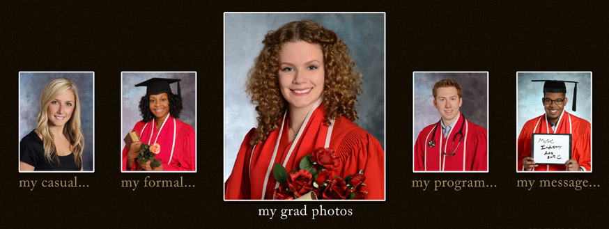 Five photos of Fanshawe student graduates. Text states, 'my casual... my formal... my program... my message... my grad photos