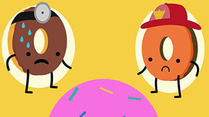 llustration of a donuts with human features, one is wearing a doctor headdband and one is wearing a fire fighter helmet.