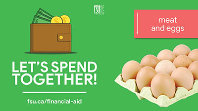 An illustration of a wallet and a photo of eggs. Text in the image states, Let's Spend Together! Meat and eggs