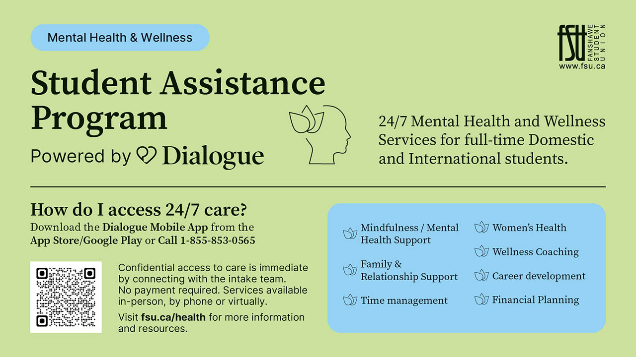 Flyer for Student Assistance Program offering 24/7 mental health and wellness support for full-time domestic and international students.