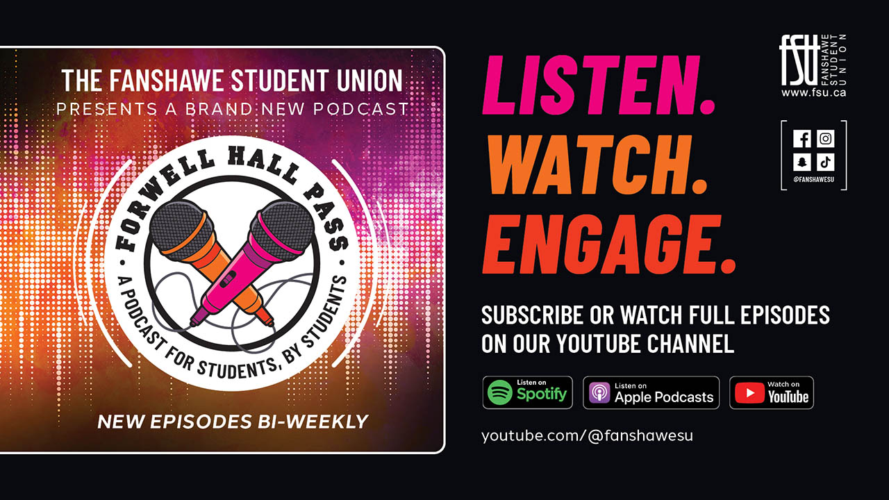 Colourful promotional graphic for Fanshawe Student Union's podcast Forwell Hall Pass featuring two crossed microphones and bi-weekly episodes.
