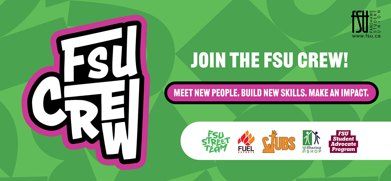 FSU Crew logo with bold white and black letters outlined in pink on a green background with subtle leaf patterns.
