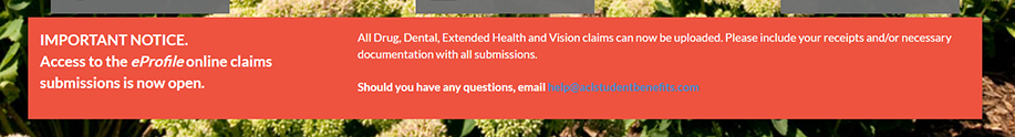 Red banner announcing that eProfile online claims submissions are now open for drug, dental, extended health, and vision claims.