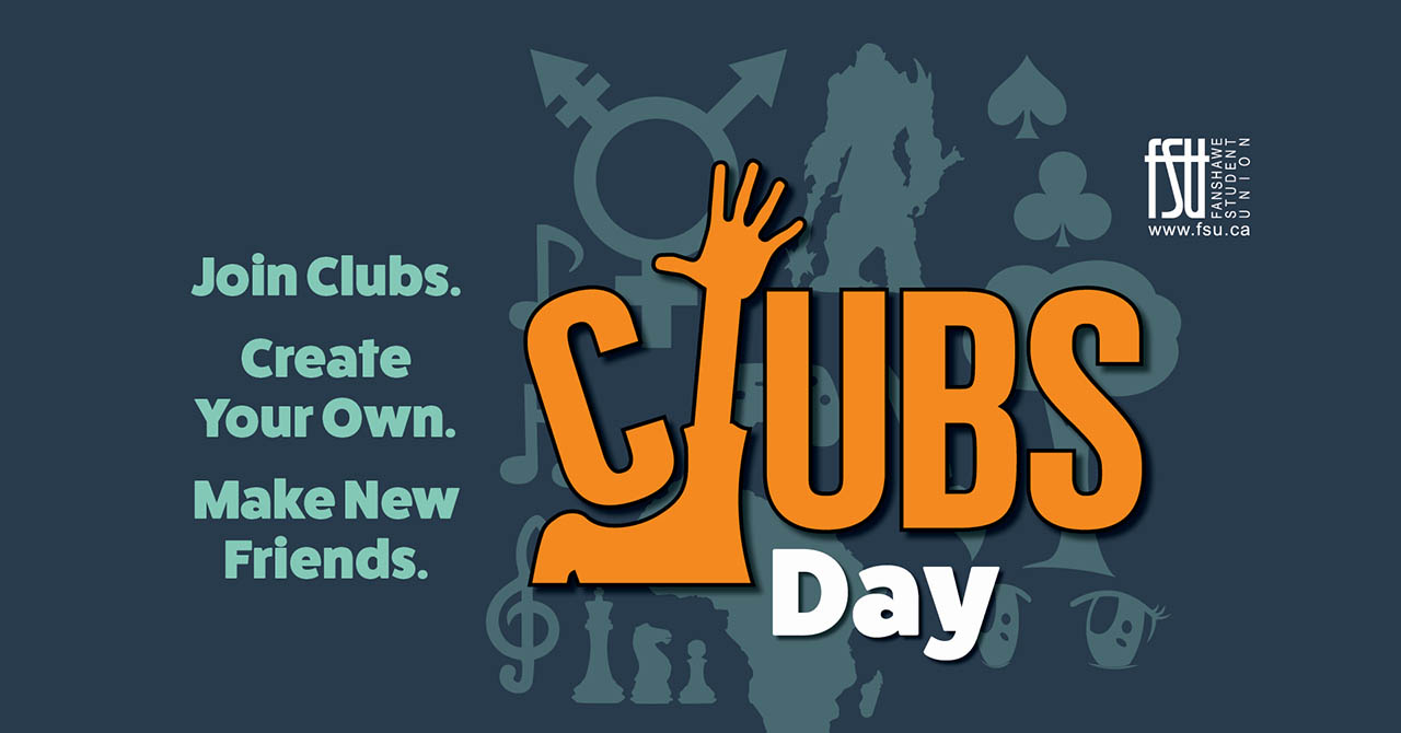 Clubs Day logo with the L in shape on a raised hand. There are symbols in the background to represent clubs, such as a chess piece and music notes. Text states: Join clubs. Create your own. Make new friends. Clubs Day.
