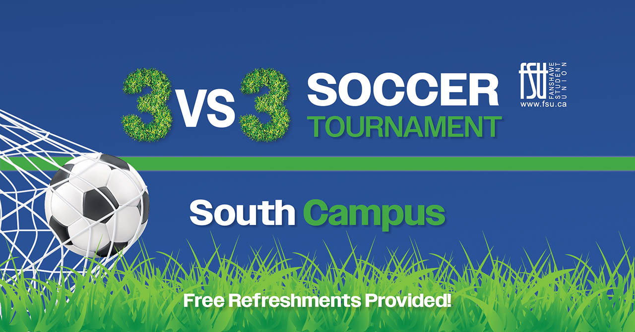 An illustration of a soccer ball going through a net is shown. The FSU logo is displayed. Text states: 3 vs 3 soccer tournament. South Campus. Free refreshments provided.