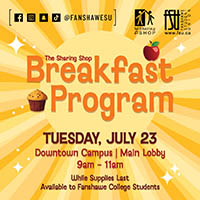 The FSU and The Sharing Shop logos are displayed. There are illustrations of an apple and a muffin. Text states: The Sharing Shop Breakfast Program. Downtown Campus. Main lobby.