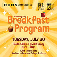 The FSU and The Sharing Shop logos are displayed. There are illustrations of an apple and a muffin. Text states: The Sharing Shop Breakfast Program. South Campus. Main lobby.