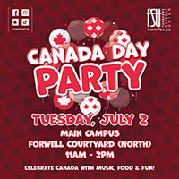 An illustration of balloons with maple leafs on them. The FSU logo is shown. text states: Canada Day Party. Main Campus. Forwell Courtyard (North).