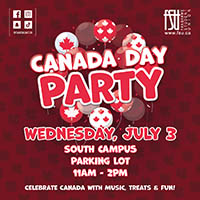 An illustration of balloons with maple leafs on them. The FSU logo is shown. text states: Canada Day Party. South Campus. Parking lot.