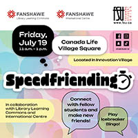 An illustration of six people looking happy. The Fanshawe Library Learning Commons logo, International Centre and FSU logos are shown. Text states: Speed Friending. In collaboration with Library Learning Commons and International Centre. Connect with fellow students and make new friends! Play icebreaker bingo!