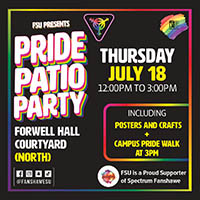The FSU and Spectrum Fanshawe logos are displayed. Text states: Thursday, July 18. 12:00 p.m. to 3:00 p.m. Pride Patio Party including posters and crafts, plus campus pride walk at 3:00 p.m. Forwell Hall Courtyard (North)