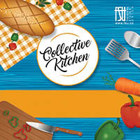 Illustrations of various foods, food preparation items and utensils. Text states: Collective Kitchen. A great way for students to come together, learn new skills and make take-home meals.