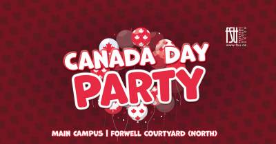 An illustration of balloons with maple leafs on them. The FSU logo is shown. text states: Canada Day Party. Main Campus. Forwell Courtyard (North).