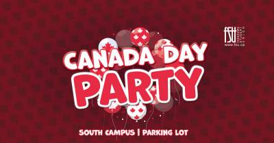 An illustration of balloons with maple leafs on them. The FSU logo is shown. text states: Canada Day Party. South Campus. Parking lot.