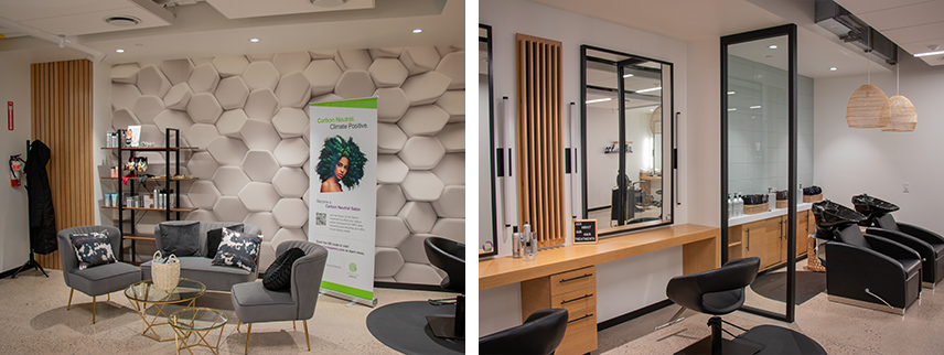 Two side-by-side photos of the interior of Dernier CRI Hair Group at Fanshawe College.